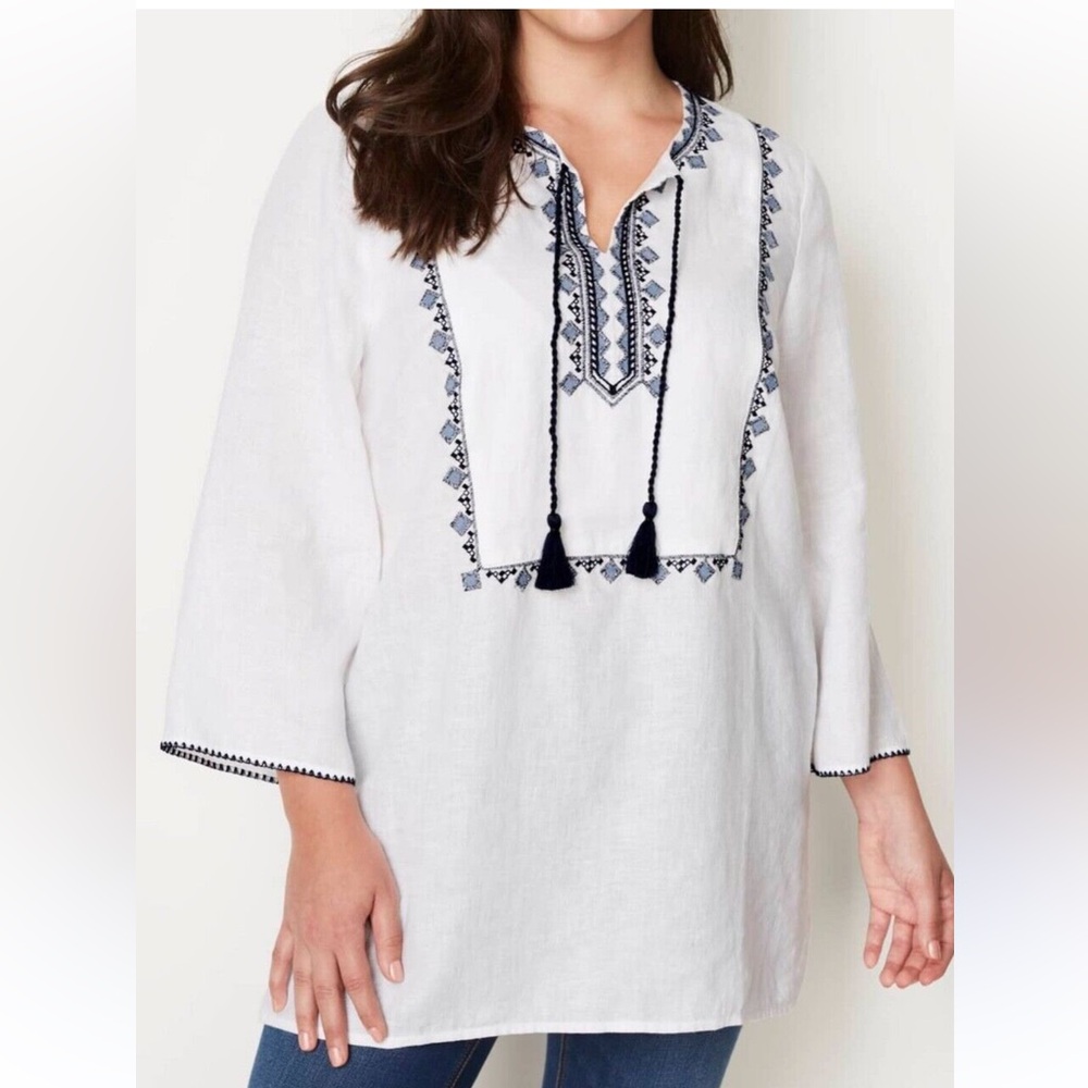 J. Jill love Linen-M-White&navy blue detail Henley popover embroidered tunic top